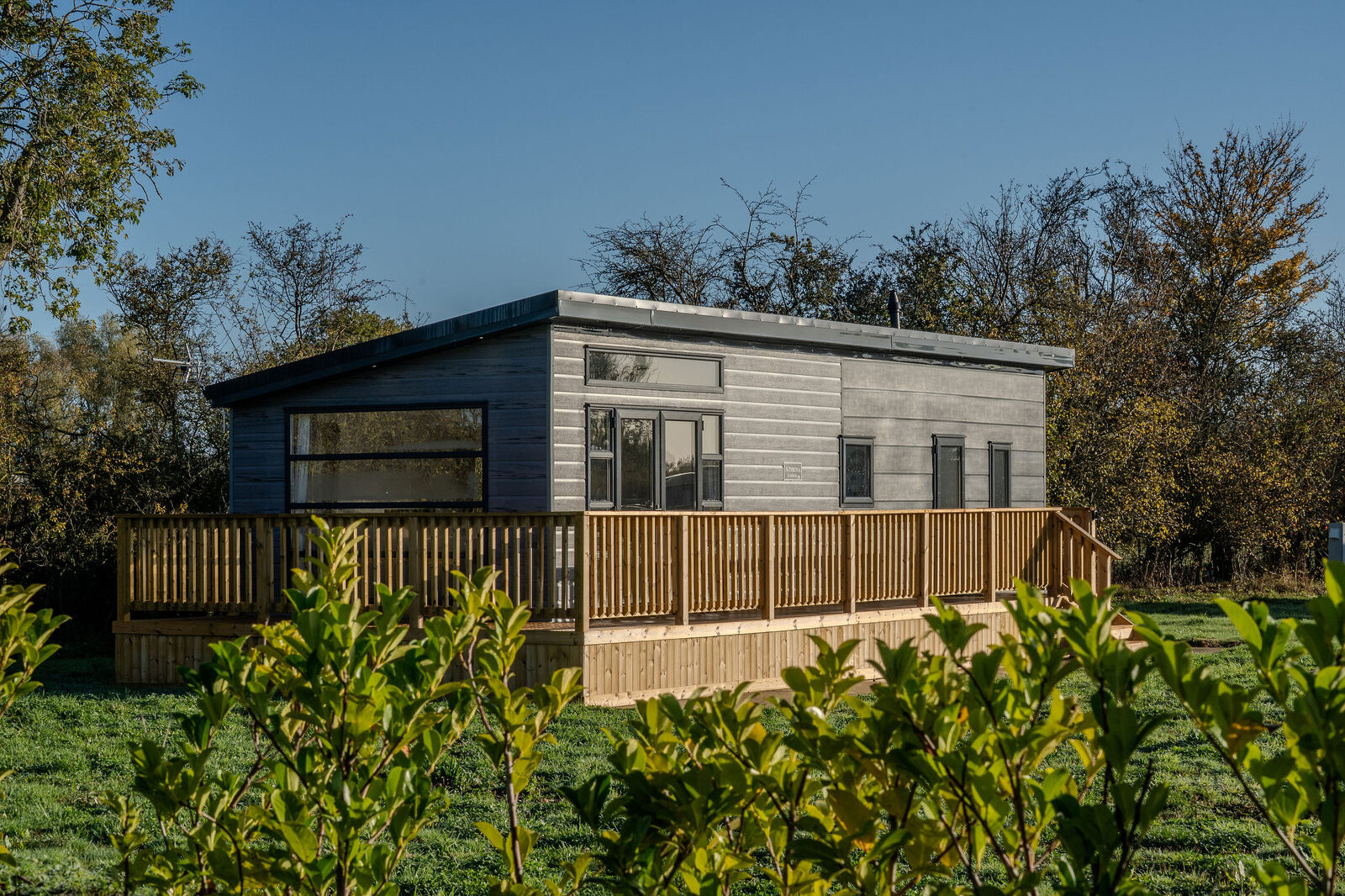 Contemporary lodge surrounded by mature trees